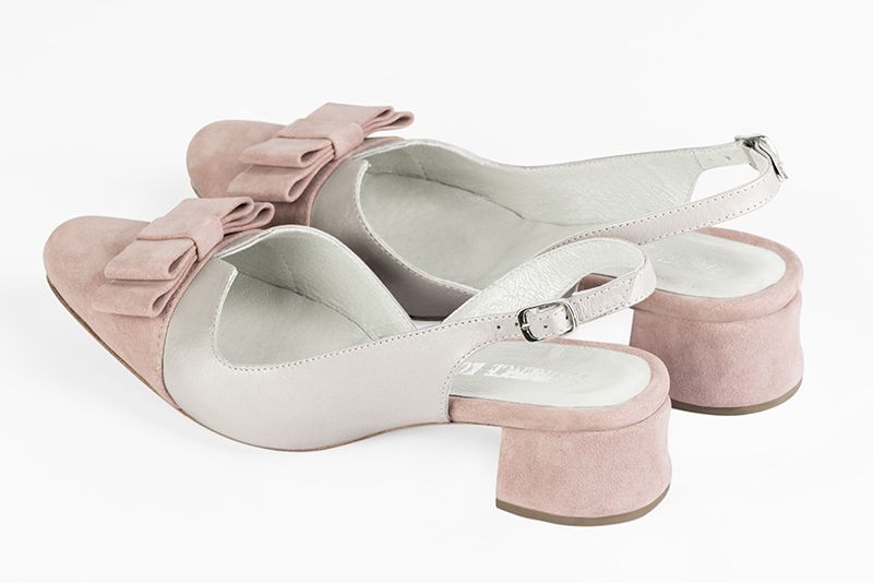Powder pink and pure white women's open back shoes, with a knot. Round toe. Low flare heels. Rear view - Florence KOOIJMAN
